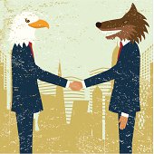 wolf and eagle in suits shaking hands